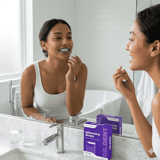 Purple Whitening Tooth Patch box on bathroom counter