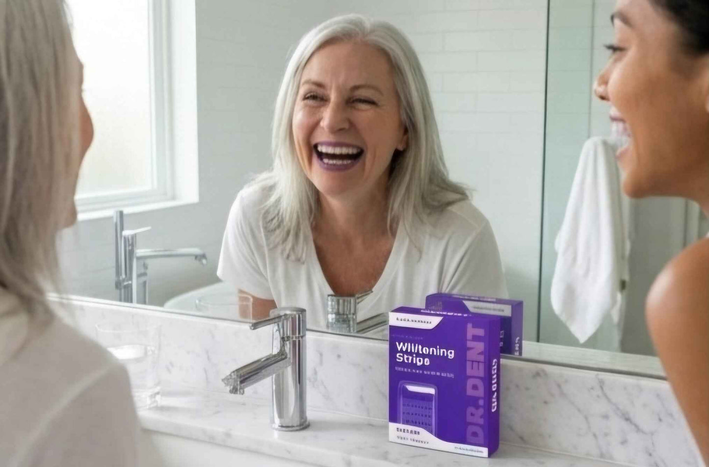 Purple Whitening Tooth Patch box on bathroom counter