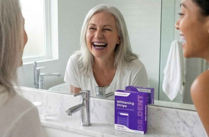 Purple Whitening Tooth Patch box on bathroom counter